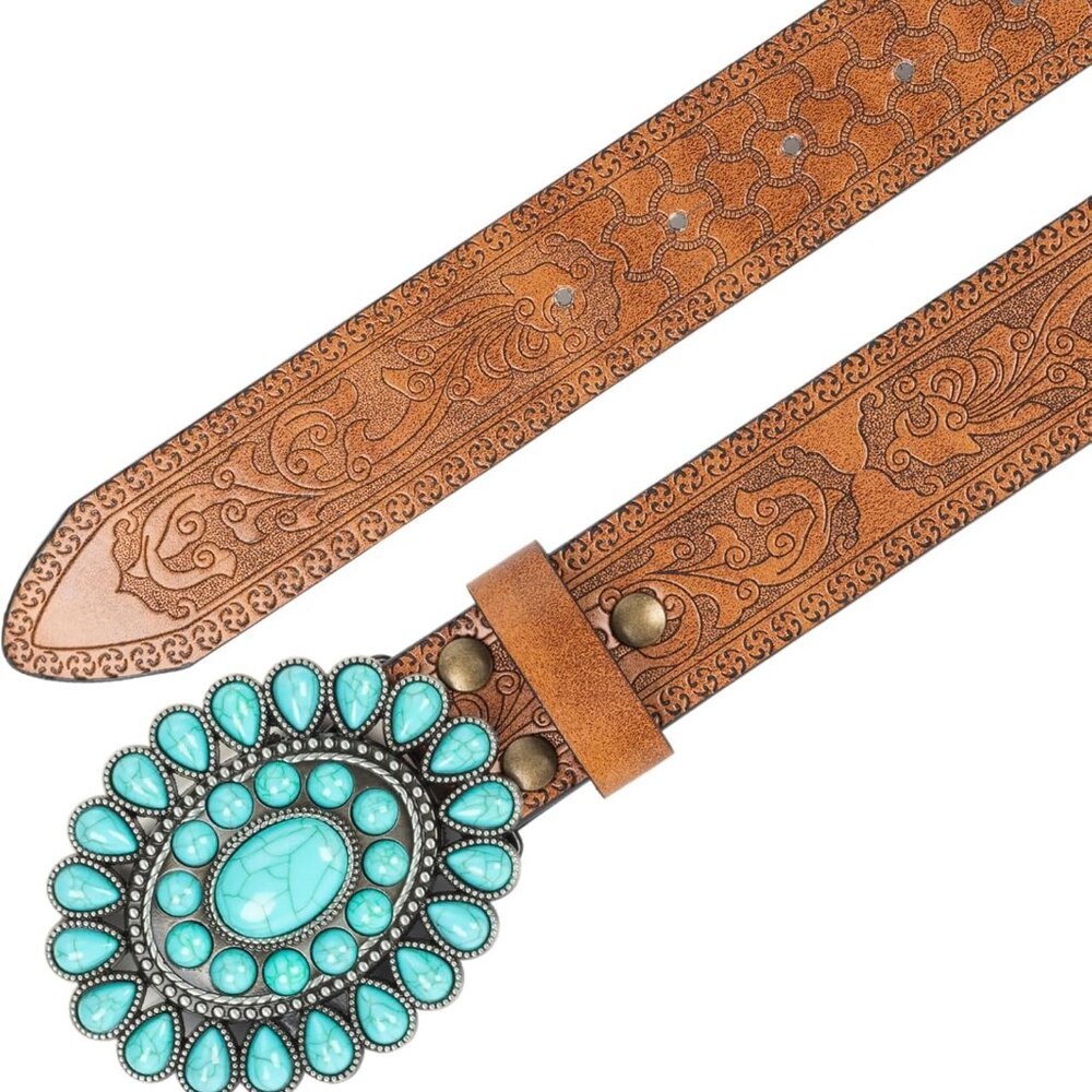 Women Western-Belts Rhinestone-Cowboy-Cowgirl Embossed Floral Pu Leather Bling-D - Picture 4 of 7